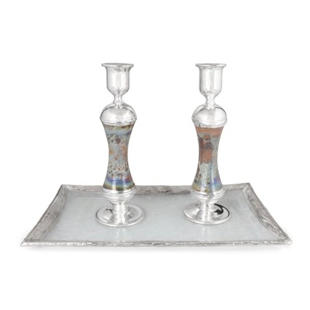 Handmade Variegated Glass and Sterling Silver-Plated Shabbat Candlesti
