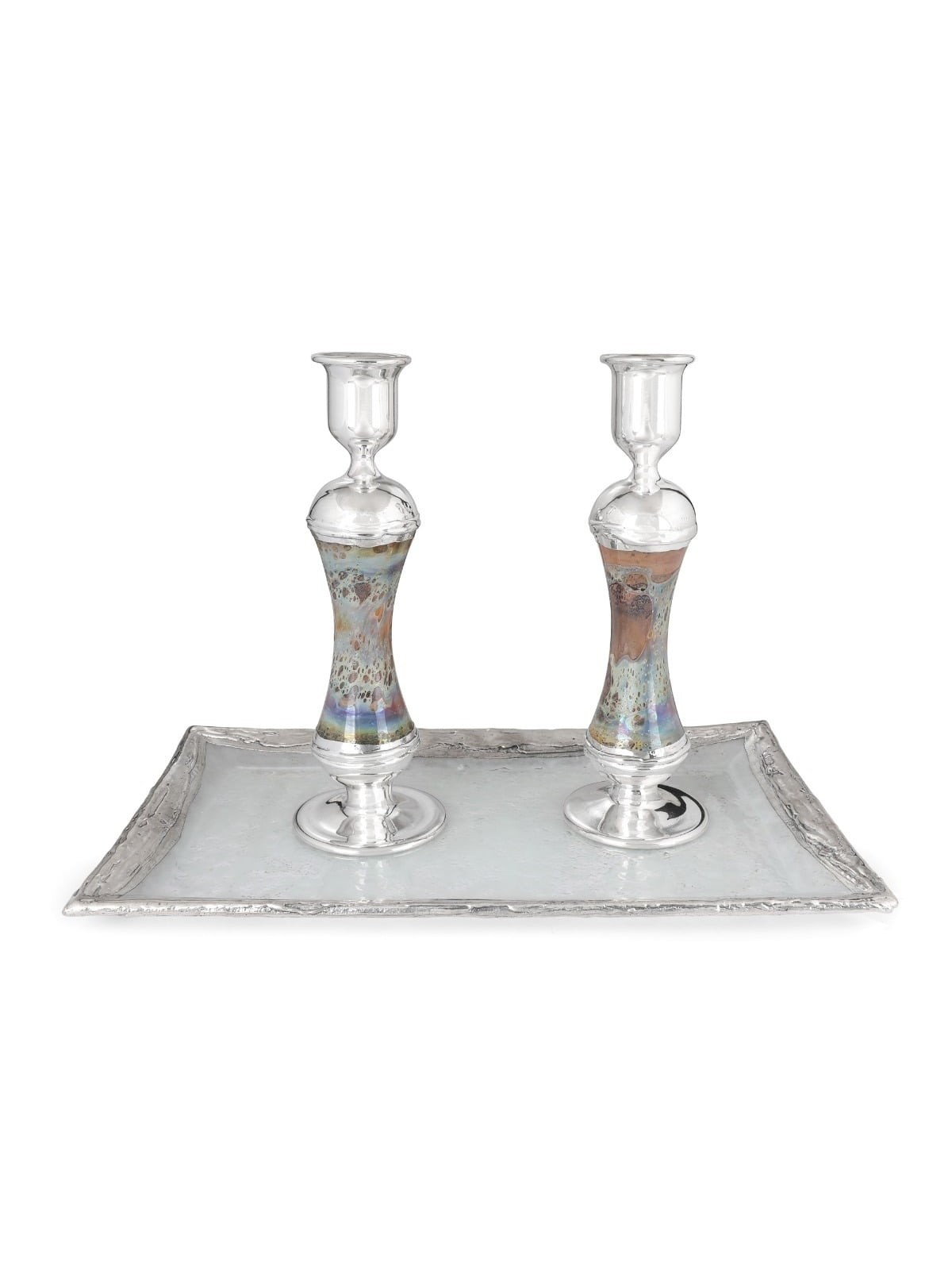 Handmade Variegated Glass and Sterling Silver-Plated Shabbat Candlesti