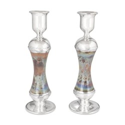 Handmade Variegated Glass and Sterling Silver-Plated Shabbat Candlesti