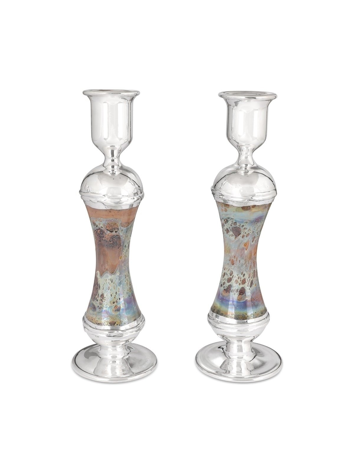 Handmade Variegated Glass and Sterling Silver-Plated Shabbat Candlesti