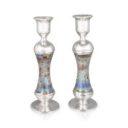 Handmade Variegated Glass and Sterling Silver-Plated Shabbat Candlesti