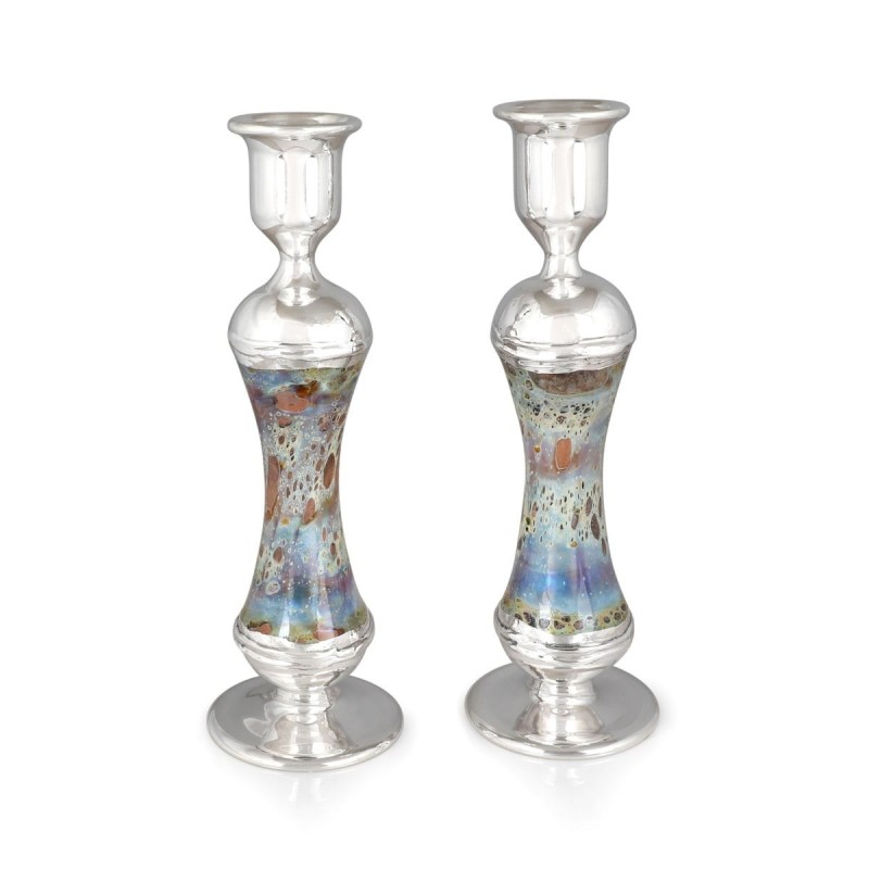 Handmade Variegated Glass and Sterling Silver-Plated Shabbat Candlesti