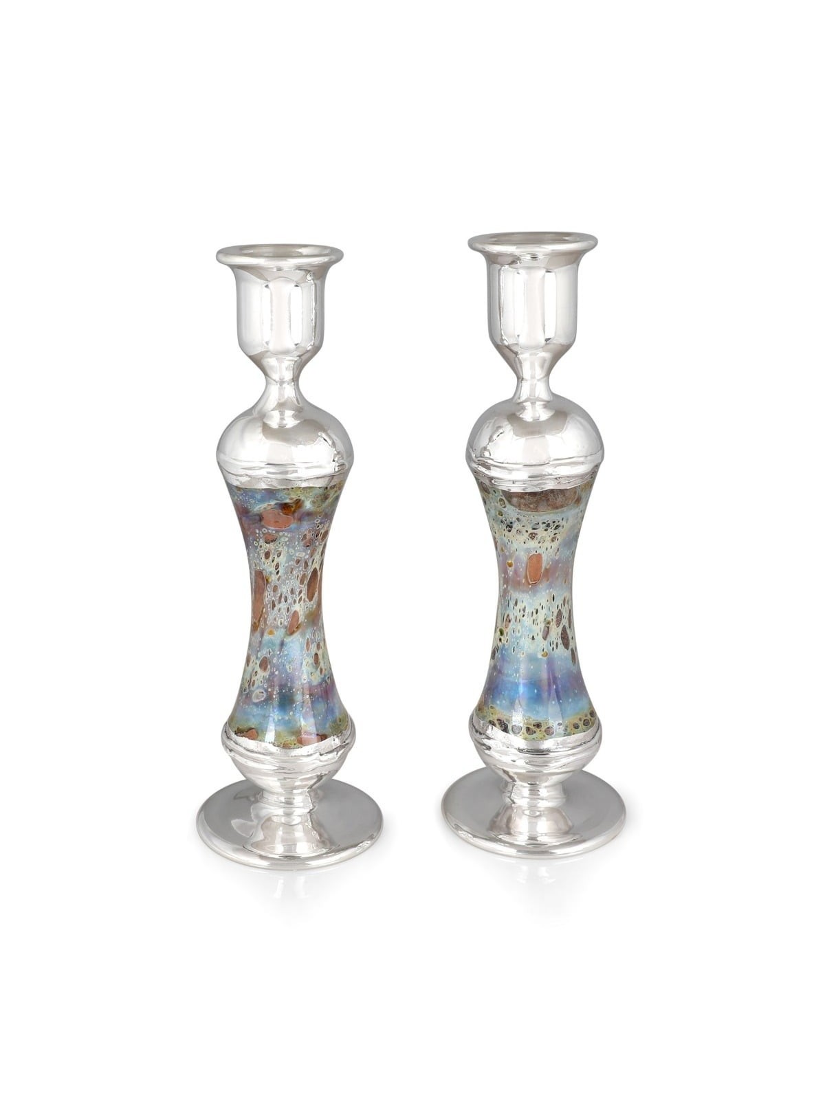 Handmade Variegated Glass and Sterling Silver-Plated Shabbat Candlesti