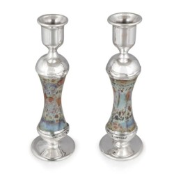 Handmade Variegated Glass and Sterling Silver-Plated Shabbat Candlesti