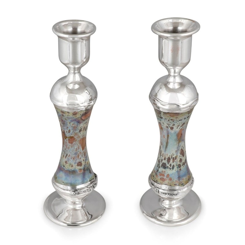 Handmade Variegated Glass and Sterling Silver-Plated Shabbat Candlesti