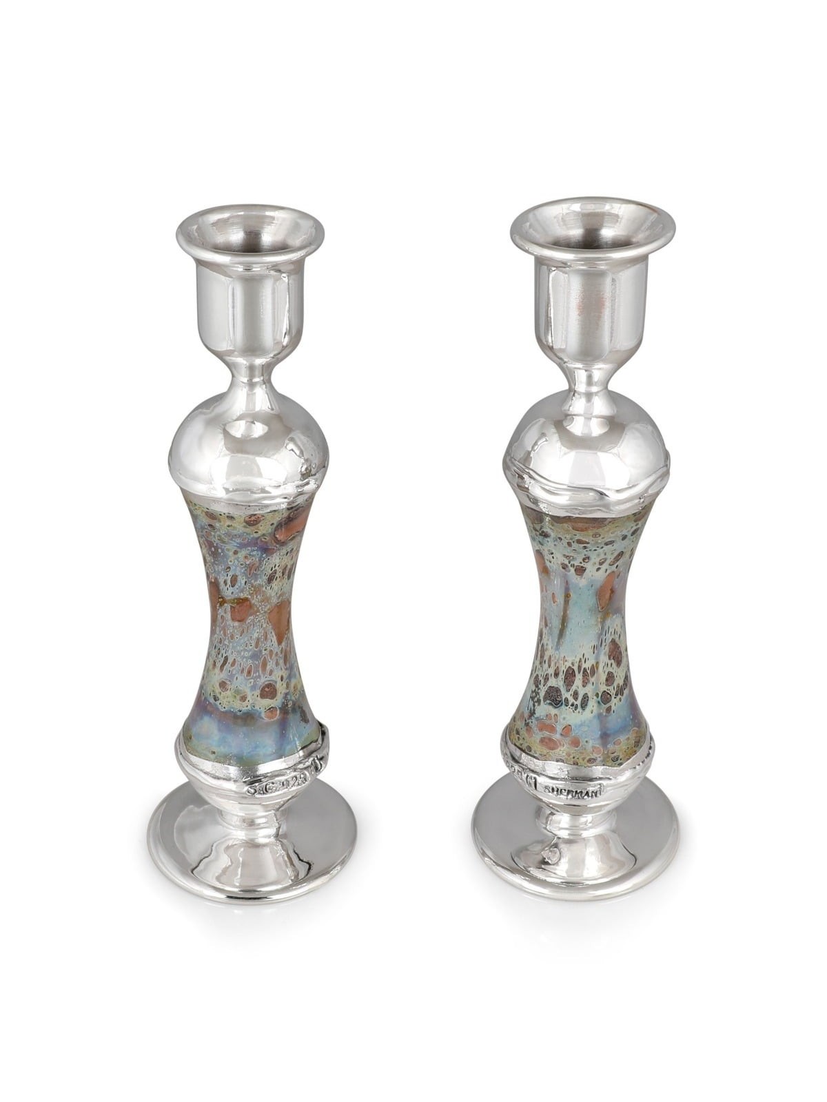 Handmade Variegated Glass and Sterling Silver-Plated Shabbat Candlesti