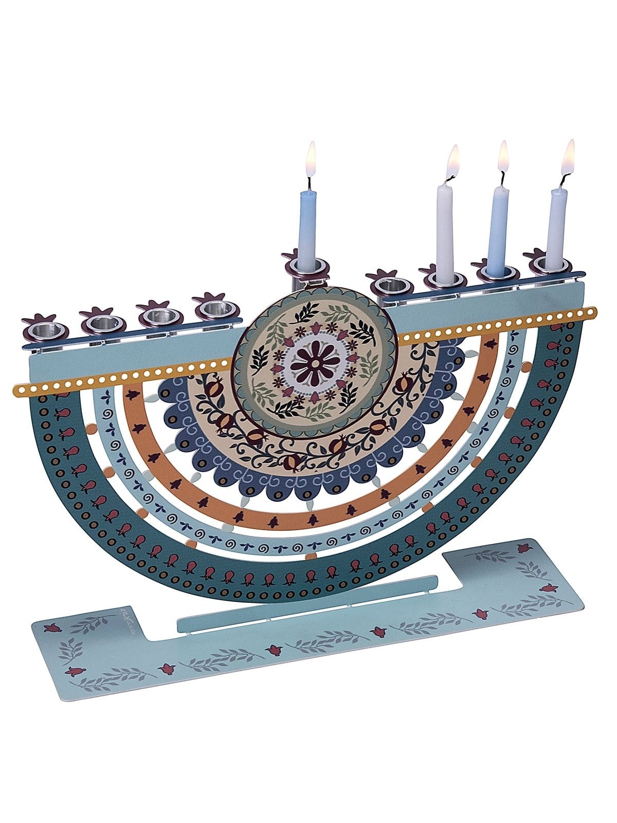Dorit Judaica Metal Hanukkah Menorah with Laser-Cut Colorful Pomegrana
