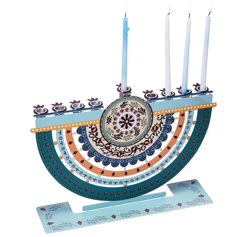 Dorit Judaica Metal Hanukkah Menorah with Laser-Cut Colorful Pomegrana
