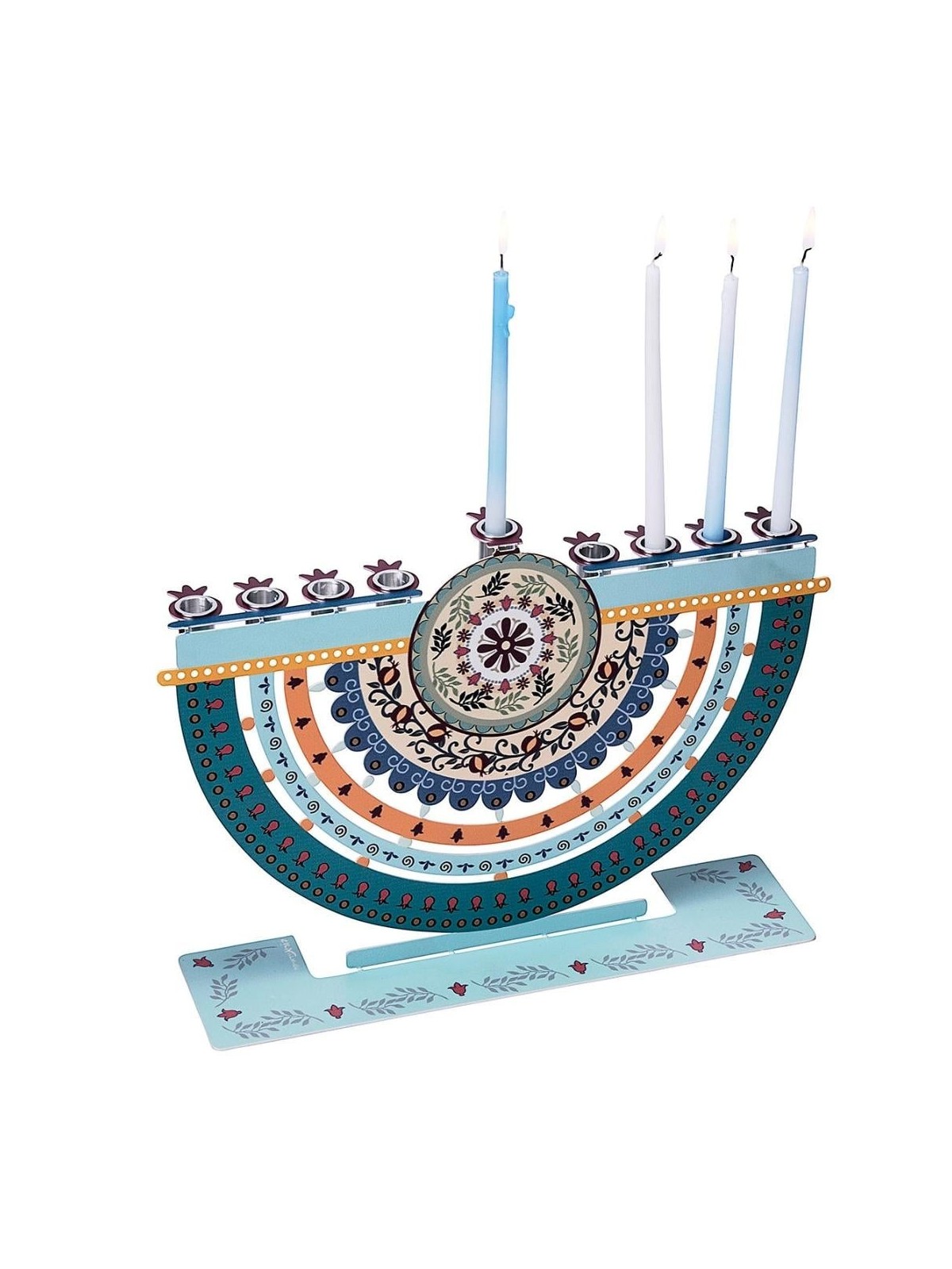 Dorit Judaica Metal Hanukkah Menorah with Laser-Cut Colorful Pomegrana