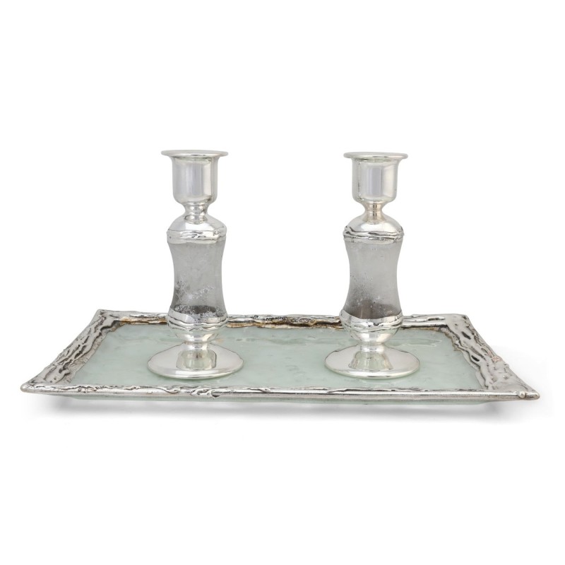 Handcrafted White Glass and Sterling Silver-Plated Shabbat Candlestick
