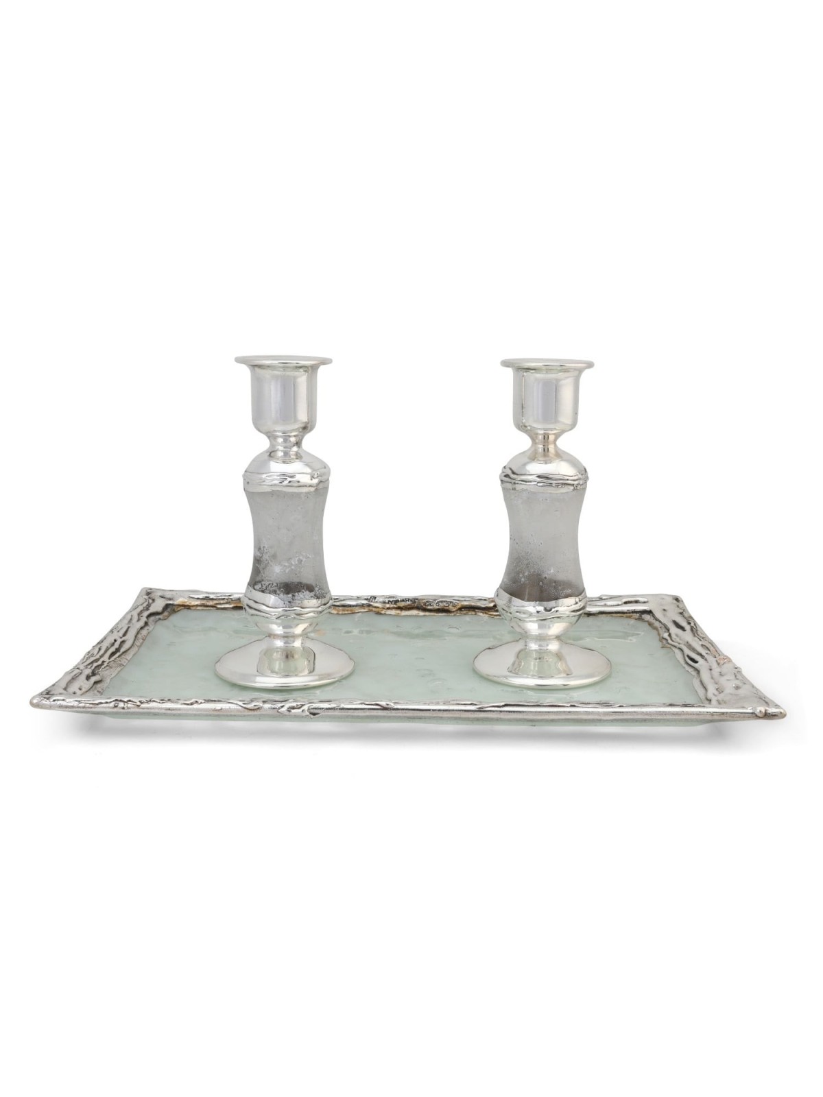 Handcrafted White Glass and Sterling Silver-Plated Shabbat Candlestick