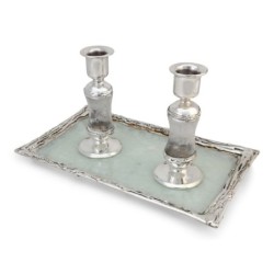 Handcrafted White Glass and Sterling Silver-Plated Shabbat Candlestick