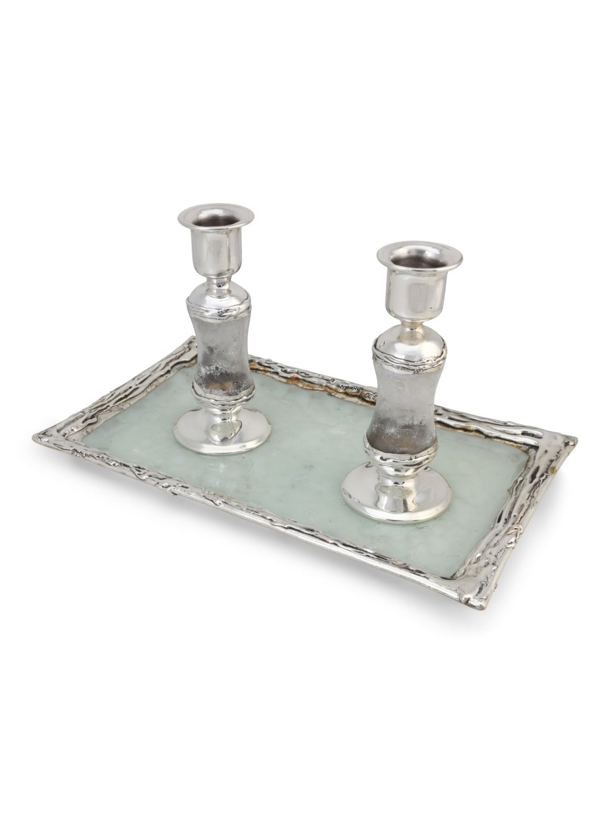 Handcrafted White Glass and Sterling Silver-Plated Shabbat Candlestick