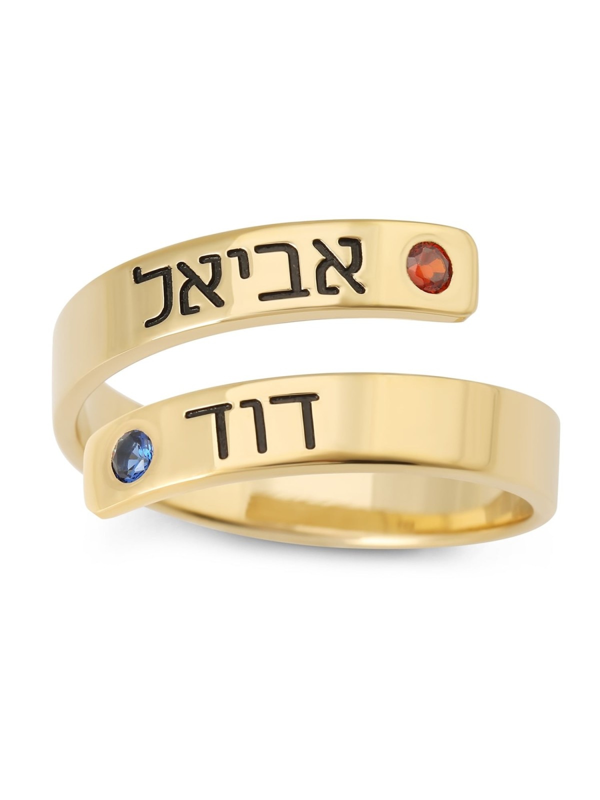 24K Gold-Plated Silver Wrap-Around Two Names Ring with Birthstones