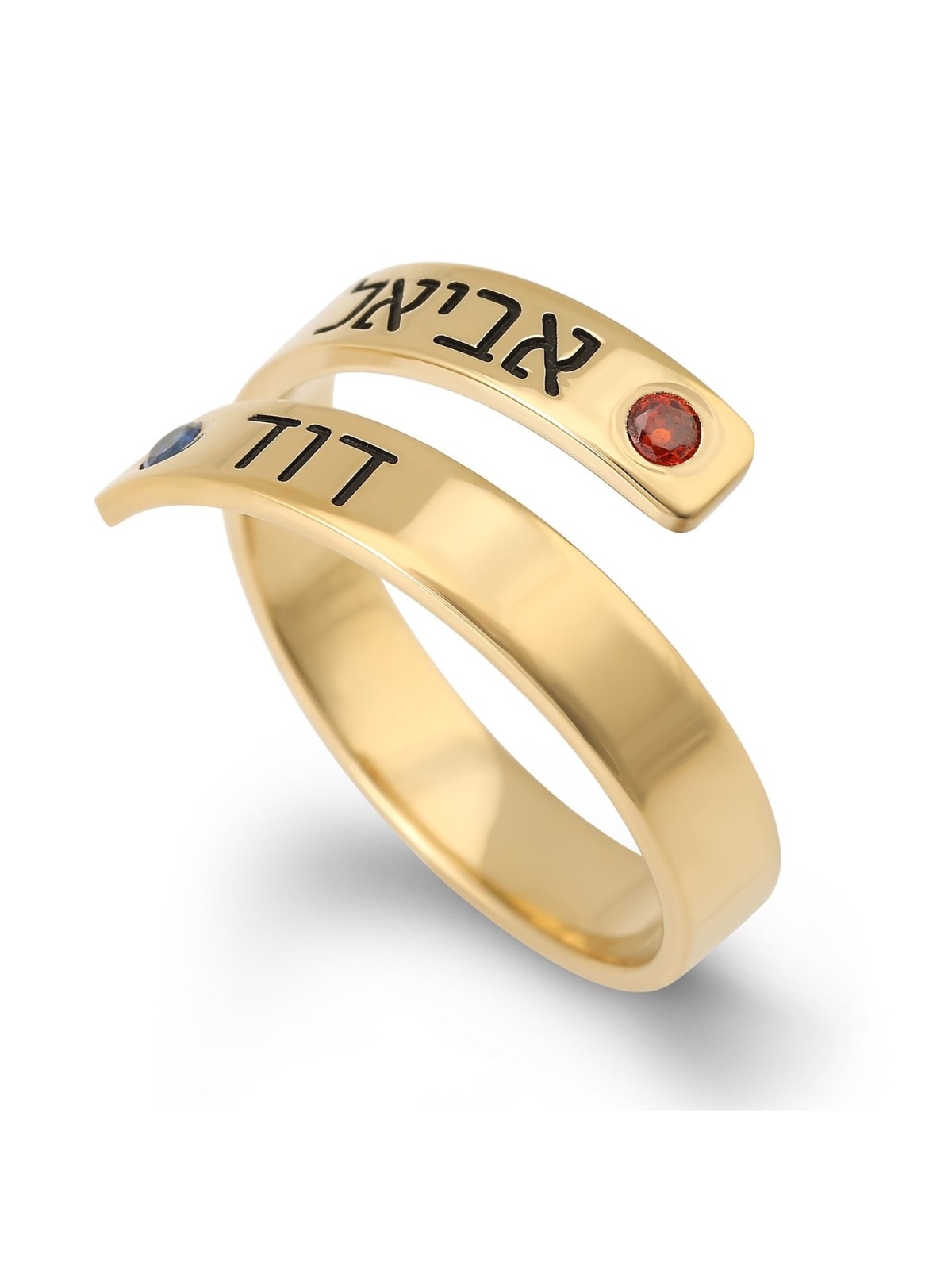 24K Gold-Plated Silver Wrap-Around Two Names Ring with Birthstones
