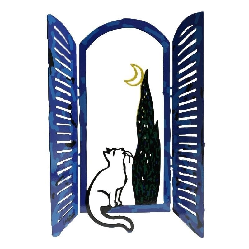 David Gerstein Signed Sculpture - Window with Cat and Moon