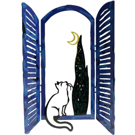 David Gerstein Signed Sculpture - Window with Cat and Moon