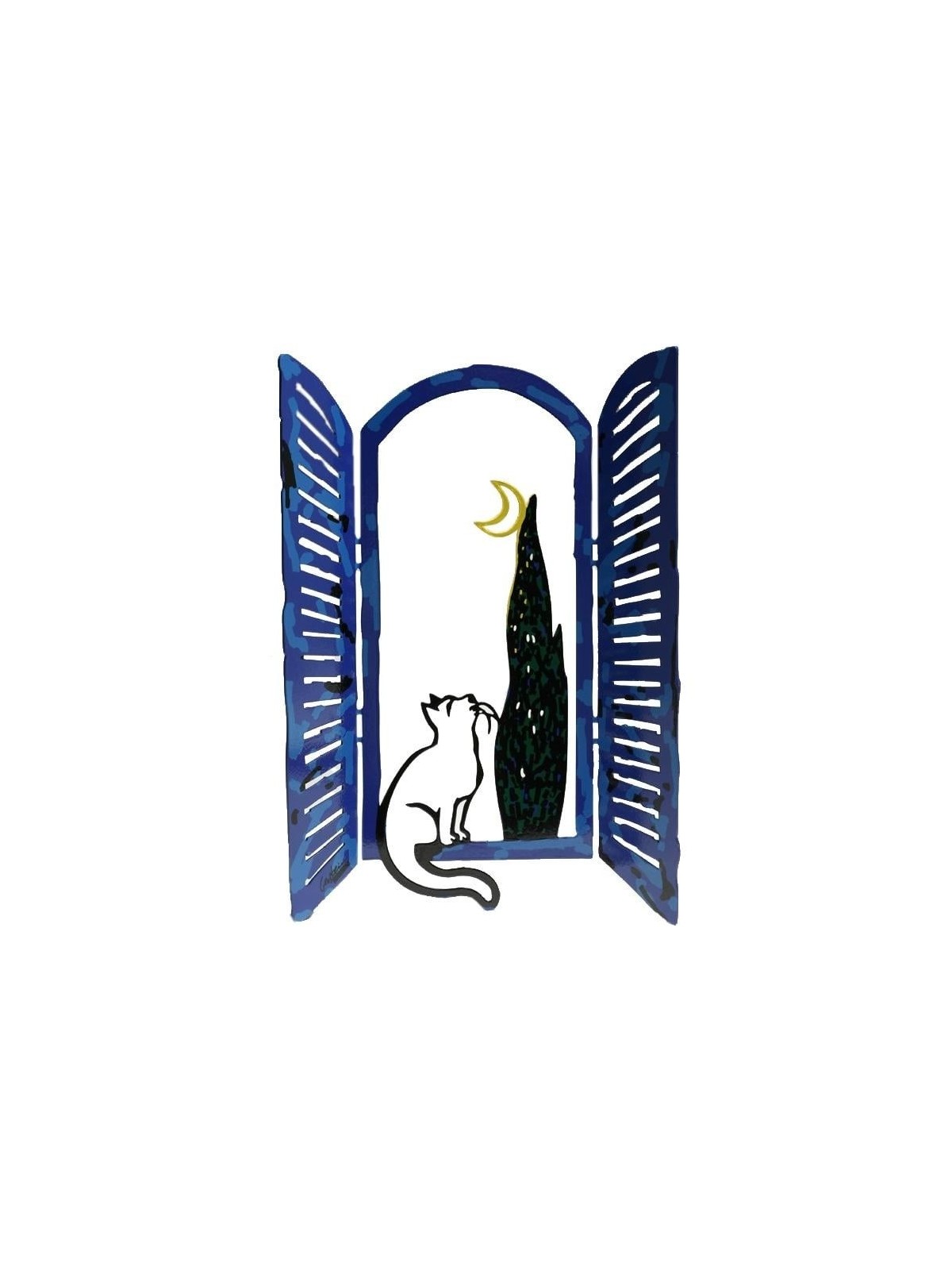David Gerstein Signed Sculpture - Window with Cat and Moon