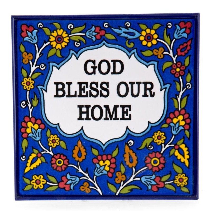 Large Flower Wall Hanging Tile with Blessing. Armenian Ceramic