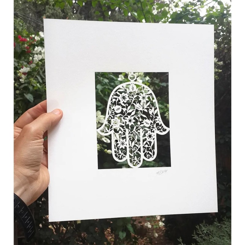 White Floral Hamsa Laser-Cut Paper Wall Art by David Fisher (Color Opt