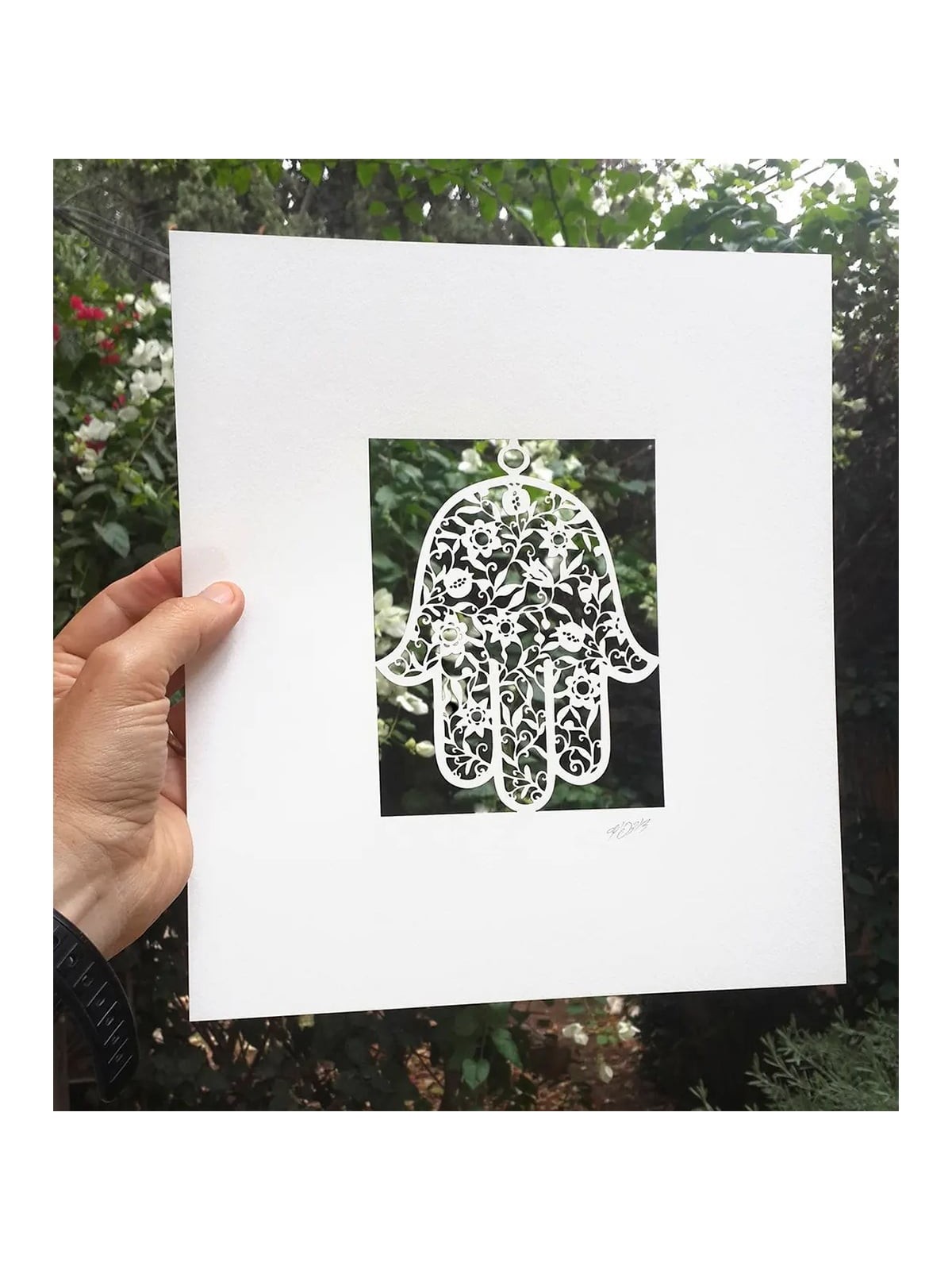 White Floral Hamsa Laser-Cut Paper Wall Art by David Fisher (Color Opt