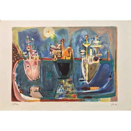 Ships at Shore. Artist: Nahum Gutman. Signed & Numbered Limited Editio