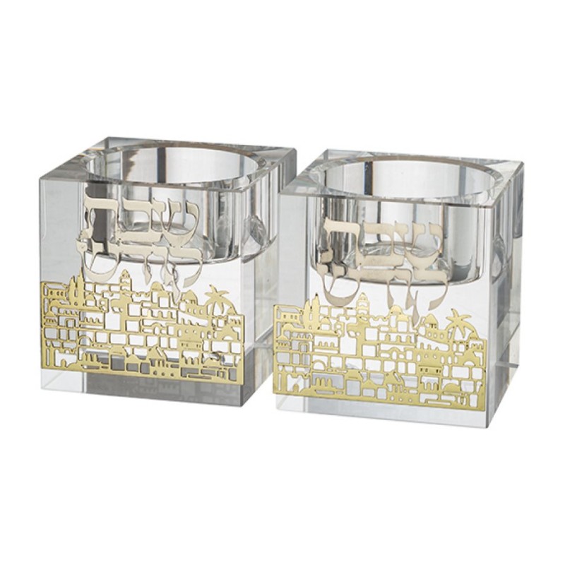 Square Crystal Glass Candlesticks with G... | Traditional Candlesticks