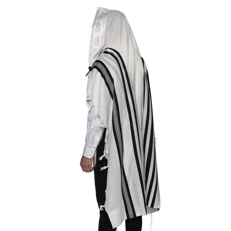 Traditional 100% Wool Non-Slip Tallit Prayer Shawl with Black Stripes