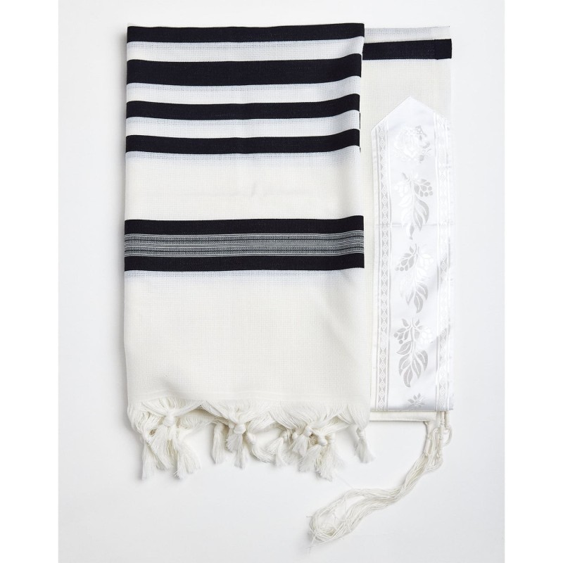 Traditional 100% Wool Non-Slip Tallit Prayer Shawl with Black Stripes