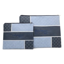 Faux Leather Shades of Blue Tallit & Tefillin Bag Set with Diamond Pat