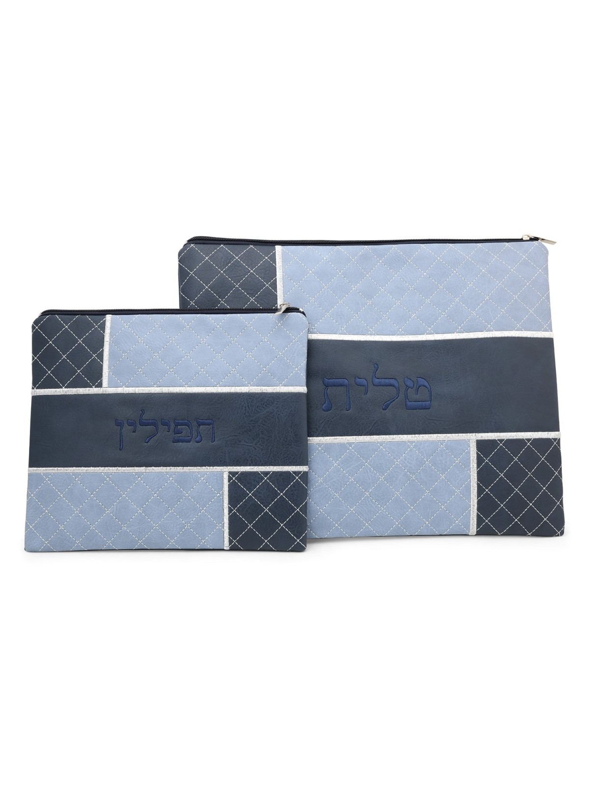 Faux Leather Shades of Blue Tallit & Tefillin Bag Set with Diamond Pat