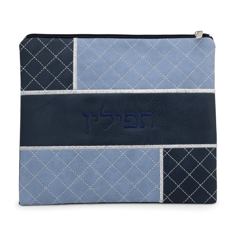 Faux Leather Shades of Blue Tallit & Tefillin Bag Set with Diamond Pat