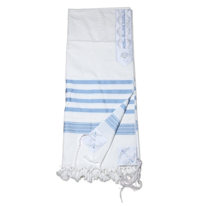 100% Cotton Non-Slip Tallit Prayer Shawl with Light Blue Stripes