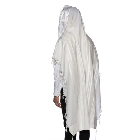 100% Wool Non-Slip Tallit Prayer Shawl Glossy White with Floral Design