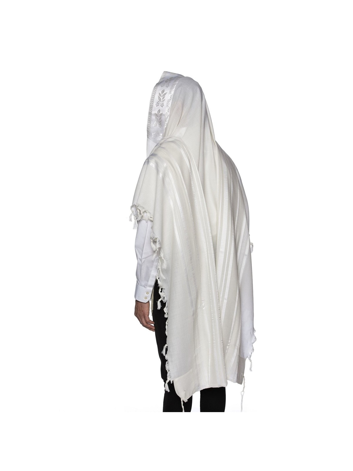 100% Wool Non-Slip Tallit Prayer Shawl Glossy White with Floral Design