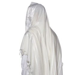 100% Wool Non-Slip Tallit Prayer Shawl Glossy White with Floral Design