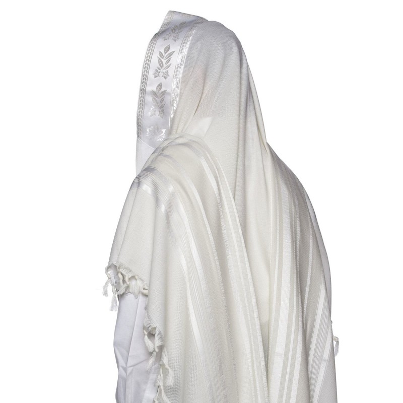 100% Wool Non-Slip Tallit Prayer Shawl Glossy White with Floral Design