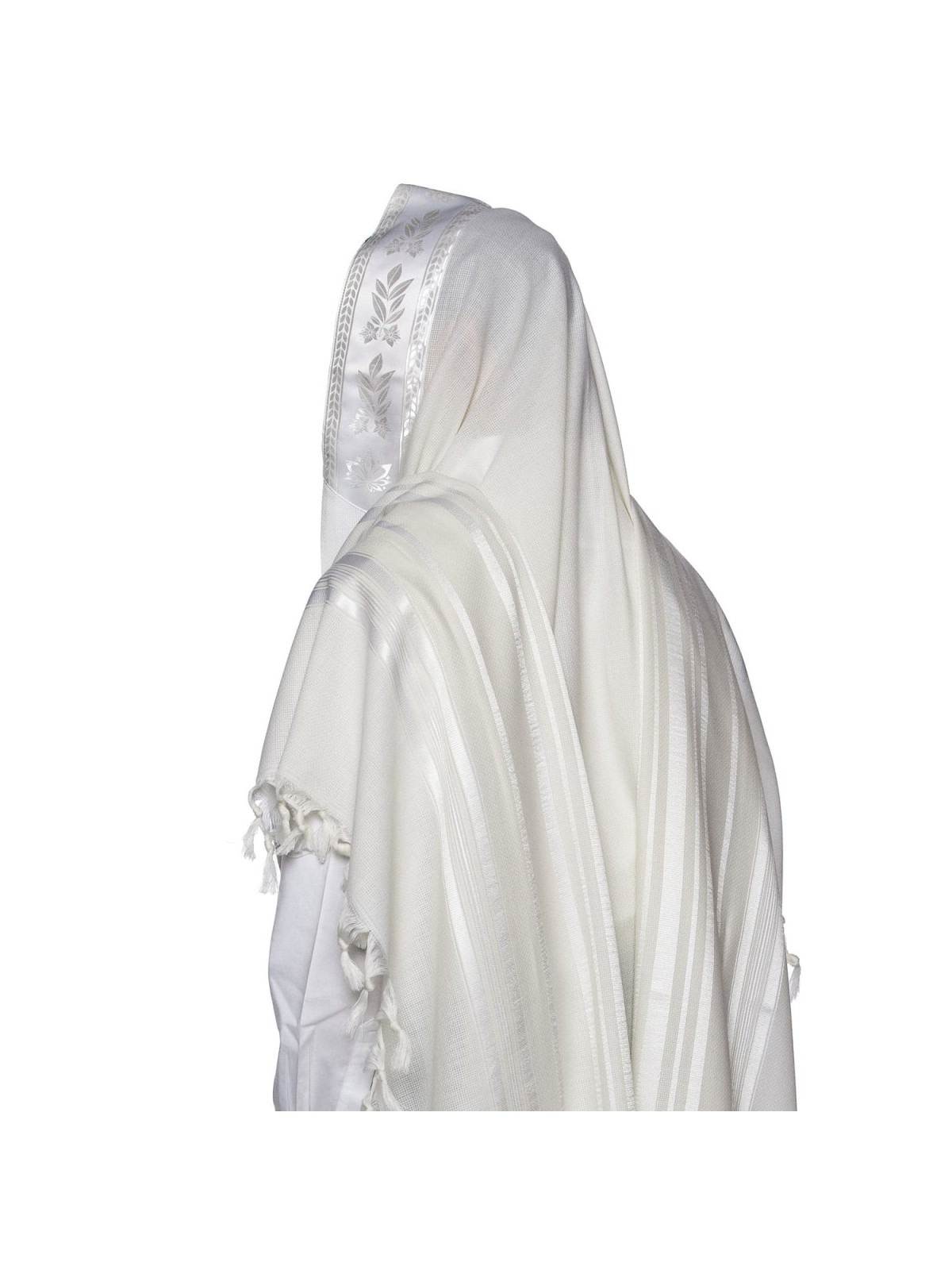 100% Wool Non-Slip Tallit Prayer Shawl Glossy White with Floral Design