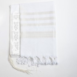 100% Wool Non-Slip Tallit Prayer Shawl Glossy White with Floral Design