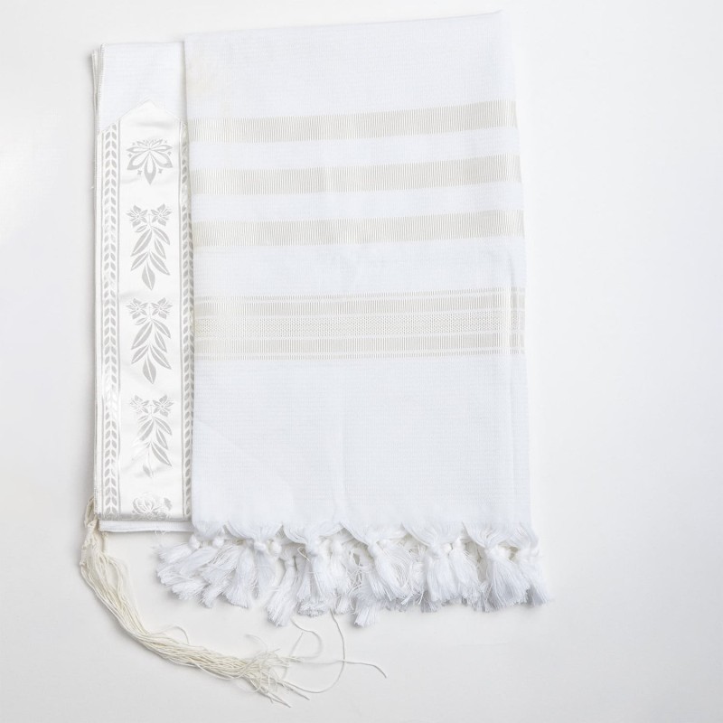 100% Wool Non-Slip Tallit Prayer Shawl Glossy White with Floral Design