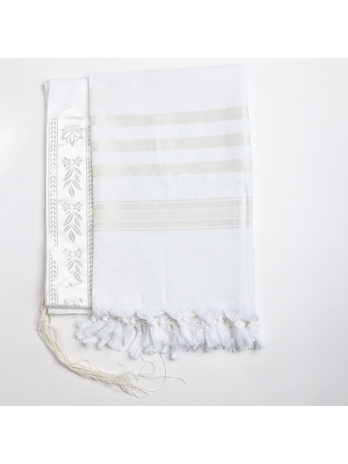 100% Wool Non-Slip Tallit Prayer Shawl Glossy White with Floral Design
