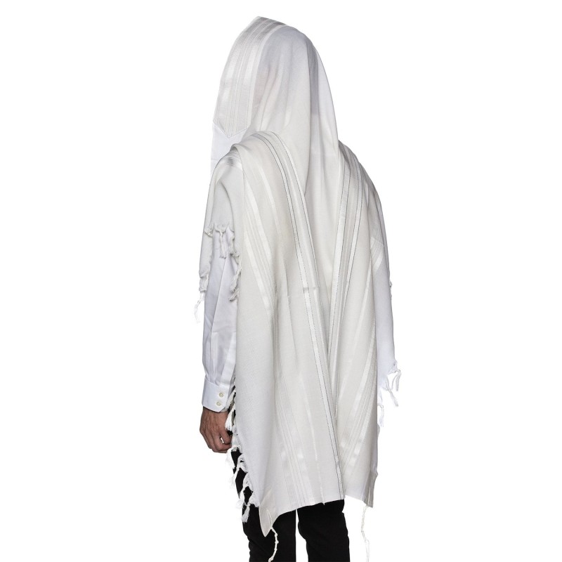 100% Wool Non-Slip Tallit Prayer Shawl White and Silver