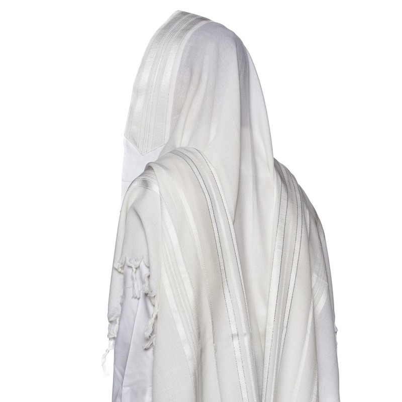 100% Wool Non-Slip Tallit Prayer Shawl White and Silver