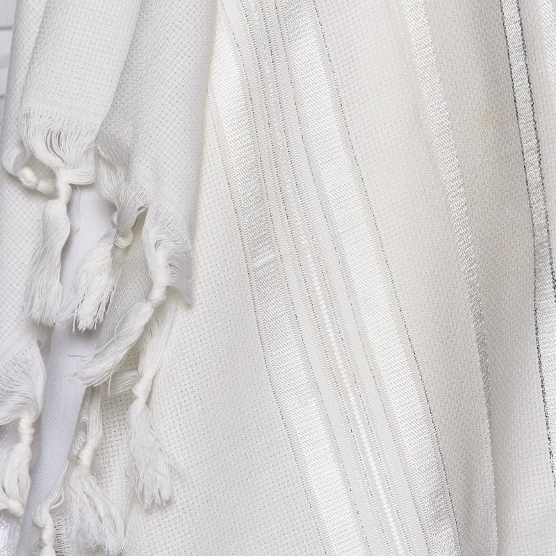 100% Wool Non-Slip Tallit Prayer Shawl White and Silver
