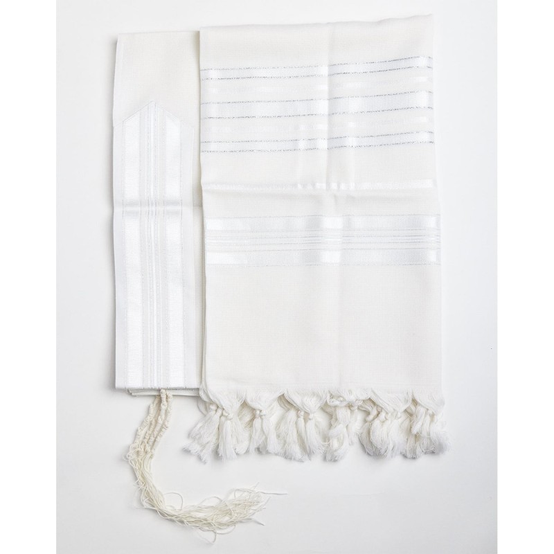 100% Wool Non-Slip Tallit Prayer Shawl White and Silver