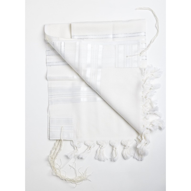 100% Wool Non-Slip Tallit Prayer Shawl White and Silver
