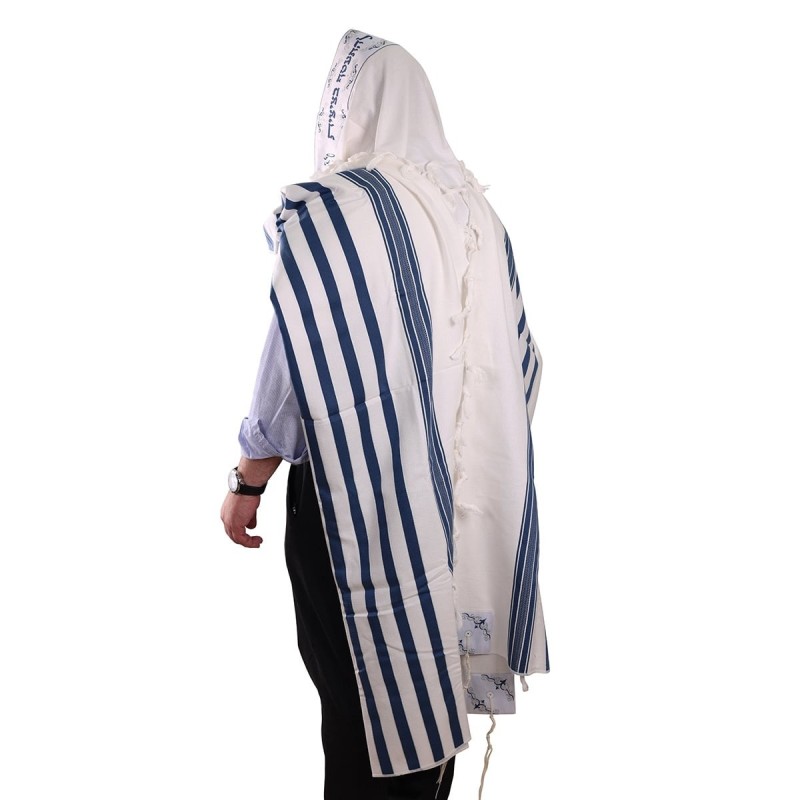 100% Cotton Non-Slip Tallit Prayer Shawl with Navy Blue Stripes