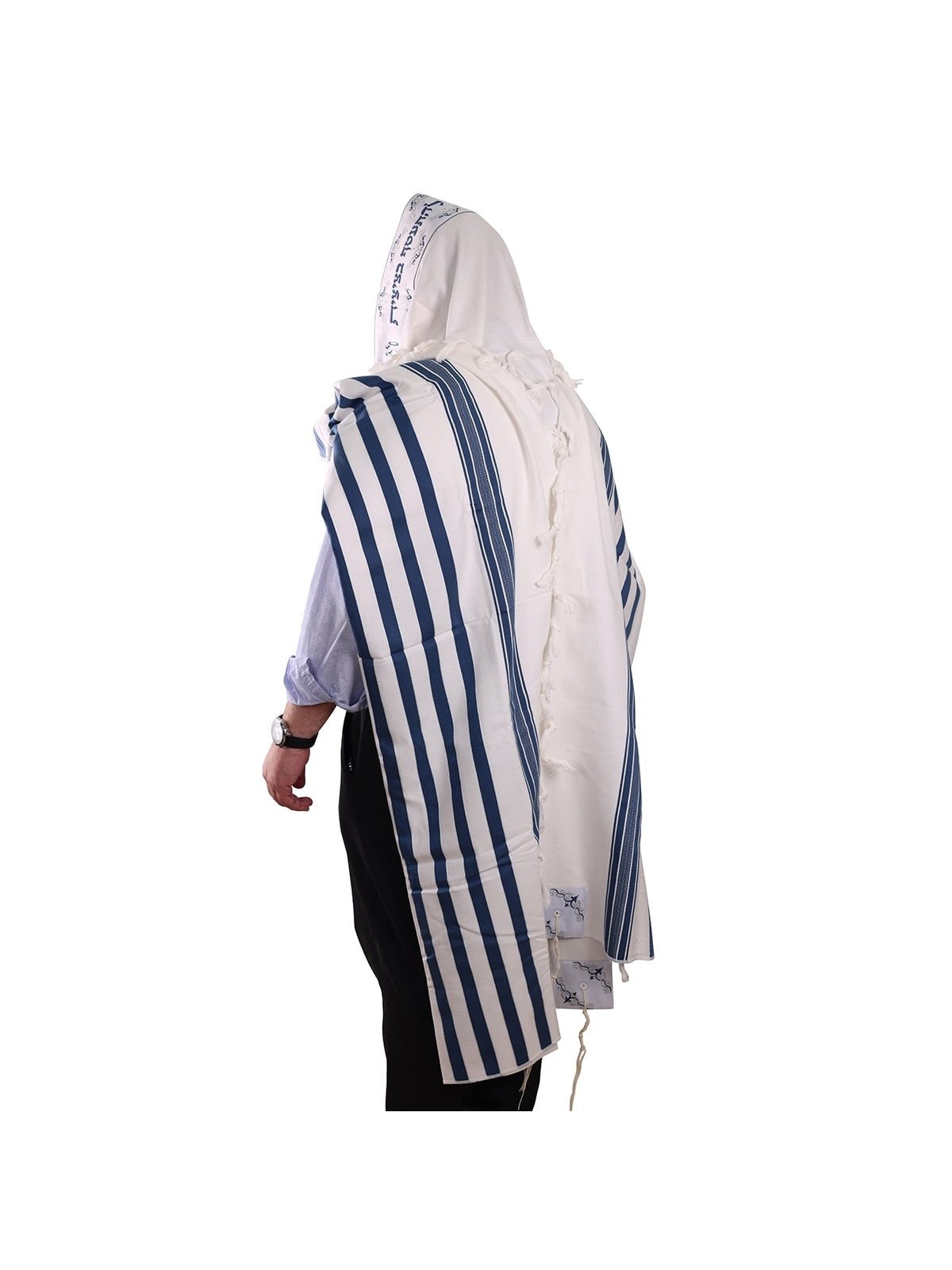100% Cotton Non-Slip Tallit Prayer Shawl with Navy Blue Stripes