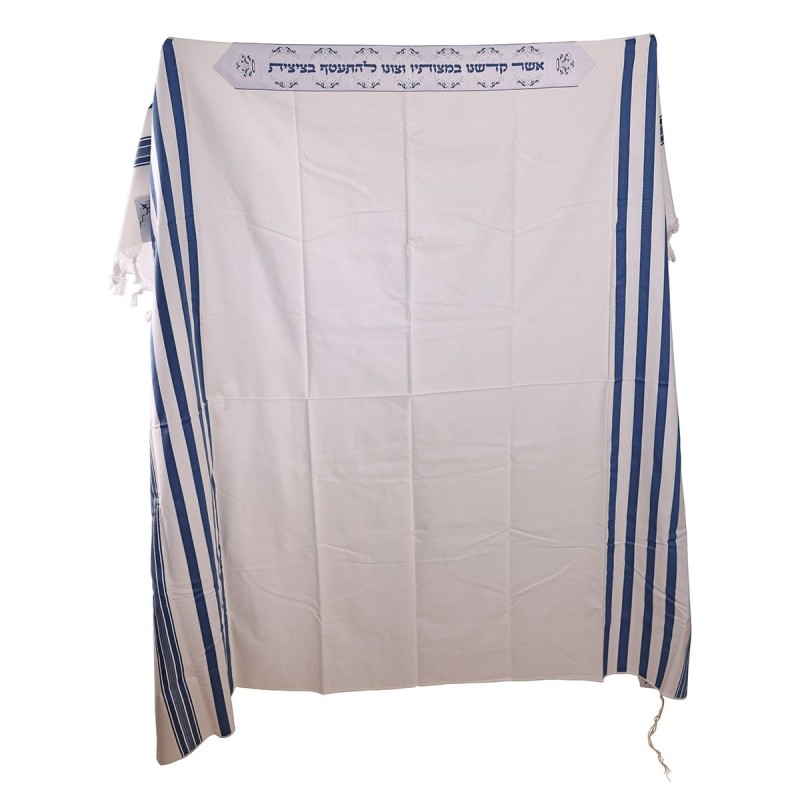 100% Cotton Non-Slip Tallit Prayer Shawl with Navy Blue Stripes