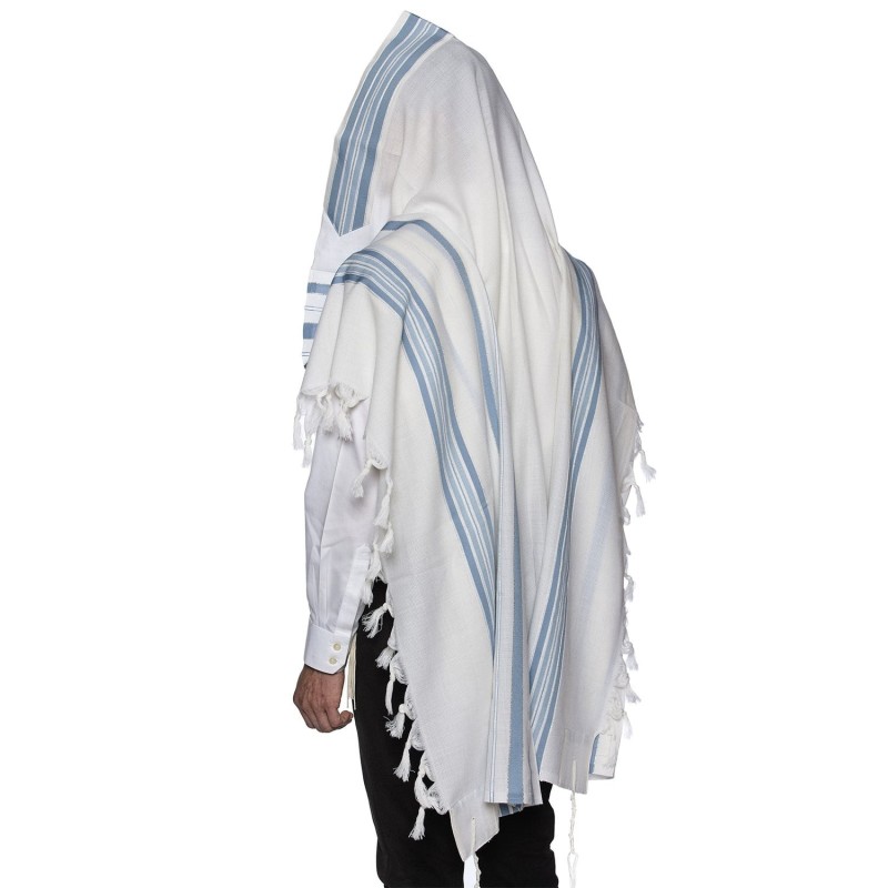 100% Wool Non-Slip Tallit Prayer Shawl with Light Blue Stripes